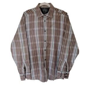Old Navy | Brown Blue Plaid Cotton Button Down Long Sleeve Cotton Shirt, Large